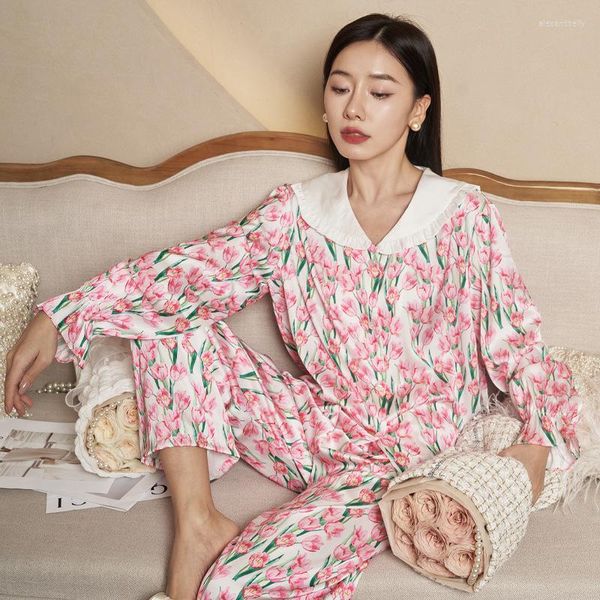 Vêtements de nuit pour femmes Jxgarb 2023 printemps automne Satin pyjamas ensembles pour femmes Royal comme la soie Femme Pijamas grand col Floral dames PJS