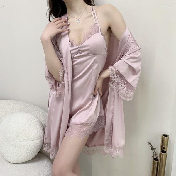 Vêtements de nuit pour femmes Jxgarb Sleep Set Womens Satin Nightwear Robe V-Neck Pijama Sexy Robe Sleepshirt Summer Pad Chest Pyjamas Suit Negligee