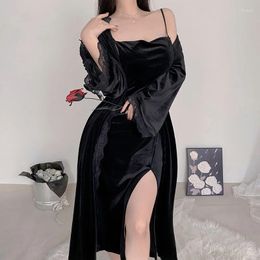 Vêtements de nuit pour femmes Jxgarb Velvet hiver deux pièces Robe et robe pyjamas sets luxueux sexy forte en velours fendus haute robe avec peignoir