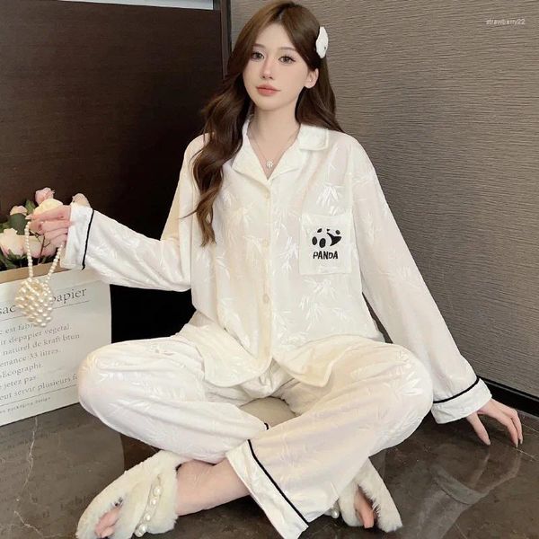 Ropa de dormir para mujer Ropa Kawaii 2 unids Mujeres Panda Impreso Pijamas Set Manga larga Laple Single-breasted Cardigan Pantalones Loungewear Mujer