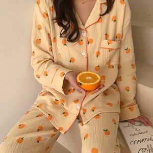 Vêtements de nuit pour femmes Kawaii Cotton Home Suit Vêtements de nuit coréens Orange Print Pyjamas Femmes Automne Pijama Pyjamas Pantalons à manches longues Ensemble 2 pièces Vêtements de nuit 230517
