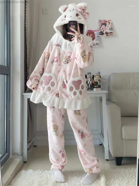 Ropa de dormir para mujeres kawaii mikko coral juego de peluche dibujos animados femeninos lindo pijama tibia pjs pelaje en espesas para dormir dos piezas chicas