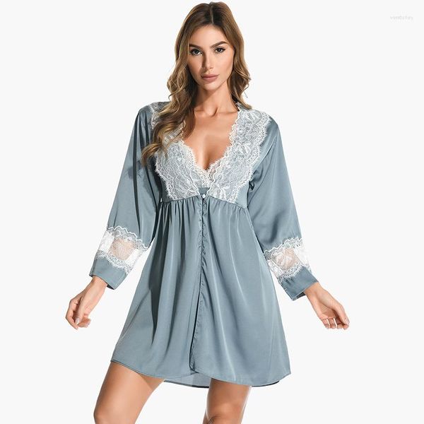 Vêtements de nuit pour femmes Kimono peignoir Robe Perspective dentelle Satin à manches longues maison vêtements femmes Robe ensemble décontracté intime Lingerie