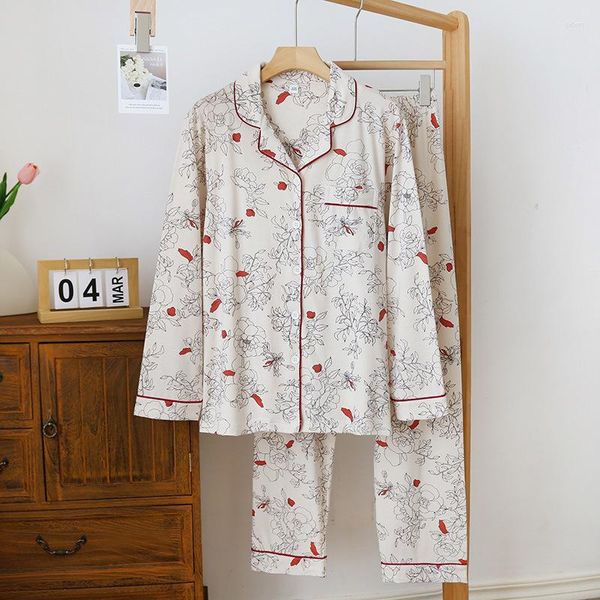 Pyjama en coton tricoté pour femmes Ensemble de pyjama à manches longues et pleine longueur Pyjama ample à imprimé floral Vêtements de nuit pour dames 2 pièces