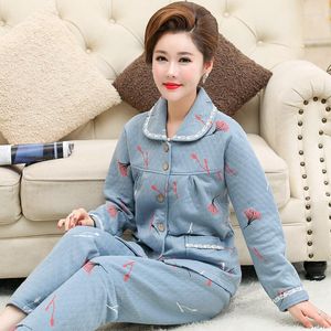 Pyjamas de coton tricoté pour femmes Pyjama matelassé Femmes Femmes Automne Hiver Pyjamas de sommeil chaud ensemble
