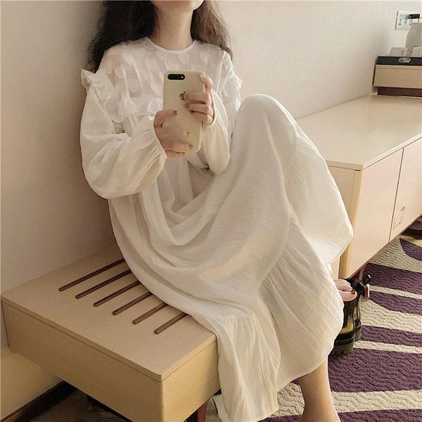 Ropa de dormir de las mujeres estilo coreano dulce camisón mujeres elegante manga larga vintage camisones primavera camisón vestidos sólidos