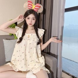 Vêtements de nuit pour femmes Pyjama coréen Mujer Cerise Imprimé Coton Ensemble de vêtements de nuit à manches courtes TopShorts Ruffle Homewear Skin-Friendly Respirant 230418