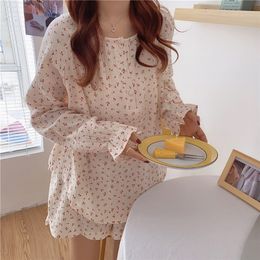 Dames slaapkleding Koreaanse pyjama Mujer Cherry Print katoengaren Sleepwear set lange mouwen topshorts ruche huiskleding huidvriendelijk ademende S1029 220913