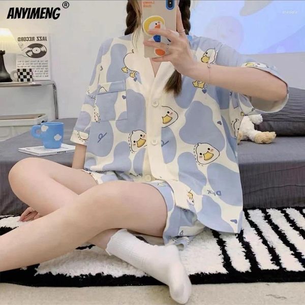 Vêtements de nuit pour femmes Pyjamas coréens pour femmes Summer Loungewear Girls Sweet Pyjamas Kawaii Duck Print Pijamas Kimono Japonais Home Suit