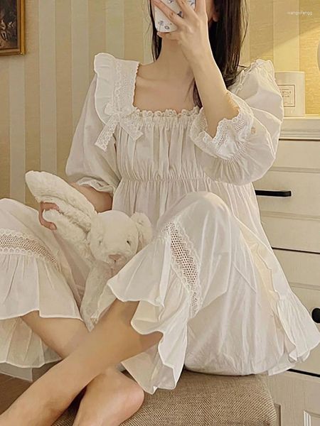 Vêtements de nuit pour femmes coréen rétro doux pur coton kawaii pyjama deux pièces costume femmes printemps lolita volant dentelle victorienne vintage princesse