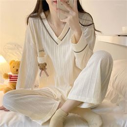 Dames slaapkleding Koreaanse stijl vrouwen pyjama sets lente herfst herfst lage mouw beren beren print nachtkleding losse elegante pyjama