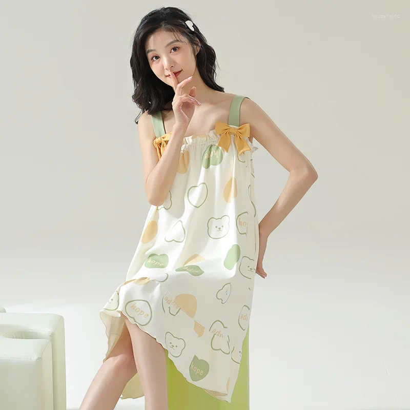 女性用スリープウェア韓国夏の綿のプリンセスドレス女性かわいいベア印刷ナイトガウンノースリーブスリープトップ薄いランジェリーナイトガウン