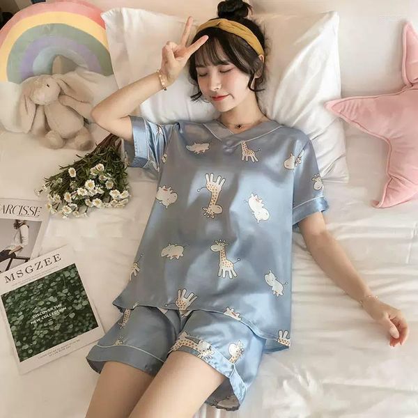 Ropa de dormir para mujer, conjunto de Pijamas de seda helada de verano coreano para mujer, lencería de estilo Kawaii, Pijamas de M-2XL, ropa de casa, pantalones cortos para mujer