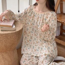 Dames nachtkleding Koreaanse zoete bedrukte katoenen pyjama met lange mouwen voor dames Lente Herfst Ronde hals Trui Broek 2 stuks Dames Thuissets