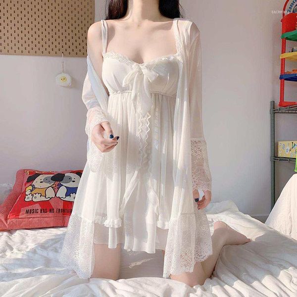 Vêtements de nuit pour femmes femmes coréennes Sexy Robe blanche robe de fée ensemble femme 2 pièces nuisette princesse dentelle chemise de nuit Peignoirs Albornoces