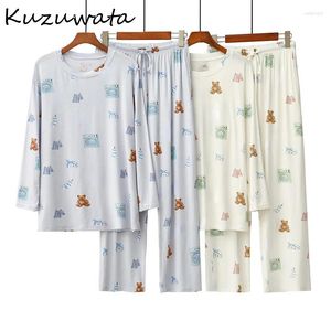 Vêtements de nuit pour femmes Kuzuwata O cou à manches longues dessin animé joli pyjama imprimé ours pantalon doux frais homewear costume japon moda à lacets décontracté
