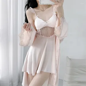 Vêtements de nuit pour femmes Robe de mariée en dentelle Costume d'été 2 pièces Robe femme Kimono peignoir ensemble femmes soyeux Satin chemise de nuit vêtements de maison