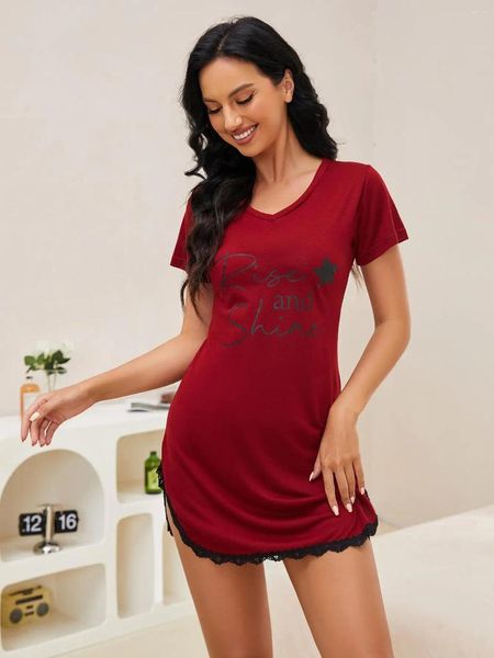 Ropa de dormir para mujer, camisón con dobladillo de encaje, camisón de manga corta con estampado de letras, pijama con cuello en V, camisón, falda con abertura lateral