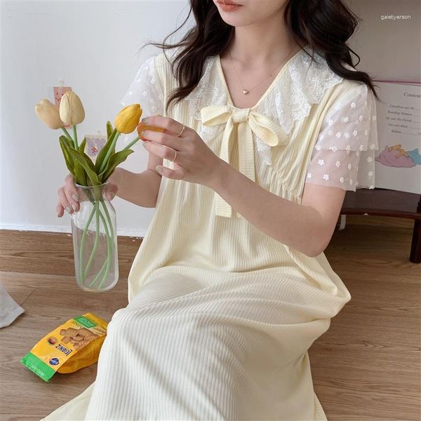 Ropa de dormir para mujer, vestido de noche de verano amarillo de retazos de encaje, camisón coreano de manga larga y corta con cuello de lazo Kawaii