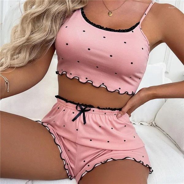 Ropa de dormir para mujer, Pijama de encaje, conjuntos de Pijama estampado con cuello en V, lencería Sexy de satén elástico, pijamas, ropa de dormir para el hogar