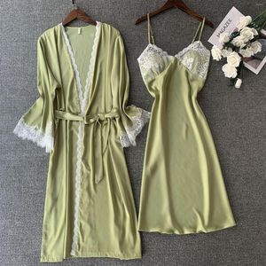 Ropa de dormir para mujer Encaje Satén Patchwork 2PCS Conjunto de bata de kimono Ropa de dormir informal de verano Lencería íntima Camisón verde sexy Ropa para el hogar