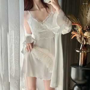 Vêtements de nuit pour femmes dentelle sexy jarretelles chemises de nuit femme printemps été chemise de nuit satin soie maison vêtements mince robe ensemble femmes peignoir