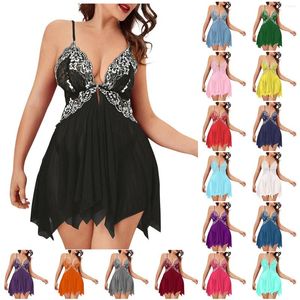 Vêtements de nuit pour femmes dentelle transparente Lingerie robe de nuit col en V maille chemise de nuit dames vêtements de nuit Sexy femmes sous-vêtements ouvert entrejambe Chemise