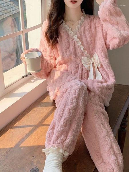 Vêtements de nuit pour femmes Dentelle V-Col Pull Bow Ensembles pour femmes Hiver Solide Polaire Épais Japonais Kimono Coral Velvet Sweet Girls Home Pyjama
