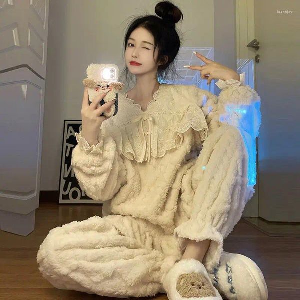 Ropa de dormir para mujer Conjunto de pijamas de encaje para mujer de 2 piezas Traje coreano de lana Moda de invierno Piiama con cuello en V Volantes Ropa de noche Pijamas