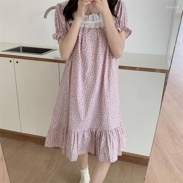 Vêtements de nuit pour femmes dentelle à manches courtes été robe de nuit imprimé floral chemise de nuit homewear mini robe volants femmes mignonne princesse chemise de nuit