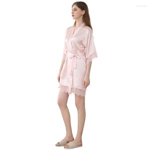 Vêtements de nuit pour femmes dames dentelle rose doux Robe robe mariée mariage Sexy col en v peignoir S-XL fausse soie décontracté maison Robe ample vêtements de nuit