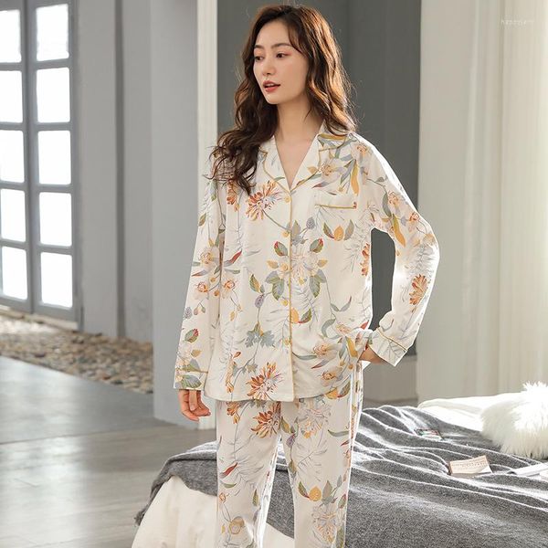 Ropa de dormir para mujer, conjunto de pijamas de algodón con estampado Floral para mujer, camisa con cuello vuelto, pantalón largo, moda de primavera, ropa de casa