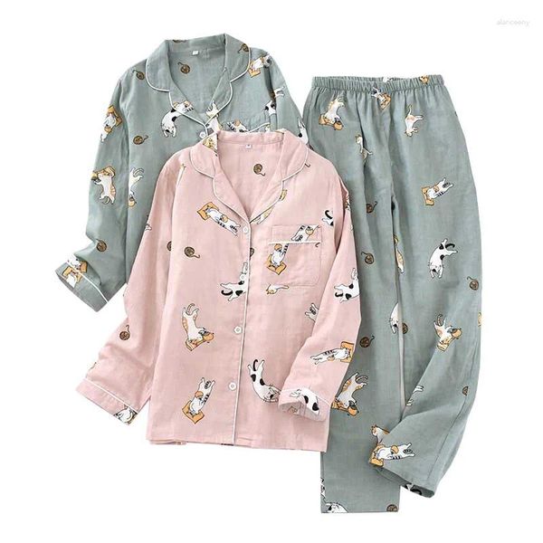 Ropa de dormir para mujer, conjunto de pijamas de gasa de algodón con estampado de gato de dibujos animados, 2 uds., camisa con cuello vuelto, pantalones, comodidad natural