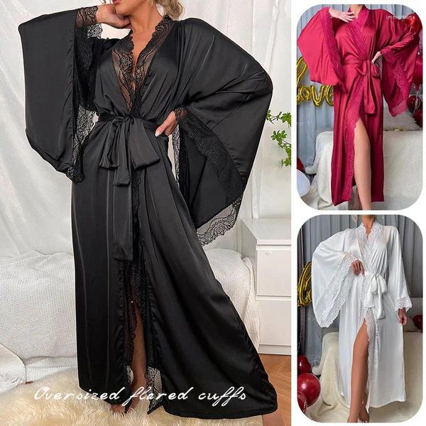 Vêtements de Nuit pour Femmes Dames Satin Soie Robes à Manches Longues Kimono Chemises de Nuit pour Femmes Dentelle Col en V Robe de Nuit Chemise de Nuit Douce et Confortable