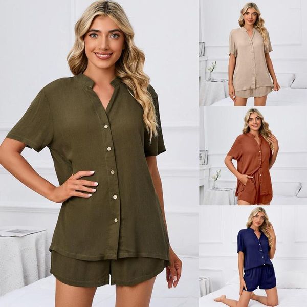 Ropa de dormir para mujer, conjunto de pijama Sexy de 2 piezas, camiseta, pantalones cortos, traje informal para el hogar, Primavera Verano, Color sólido, cuello en V, botón suelto, ropa de noche