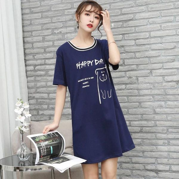 Ropa de dormir para mujer Vestido de noche de algodón sexy para mujer Camisones de manga corta Camisón con cuello en O Camisón de yardas grandes Ropa de dormir de dibujos animados para mujer