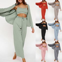 Damen-Nachtwäsche, Damen-Frühlings- und Sommer-Pyjama-Weste, dreiteilige Eisstreifen-Hose, Nachthemd, modische Heimkleidung