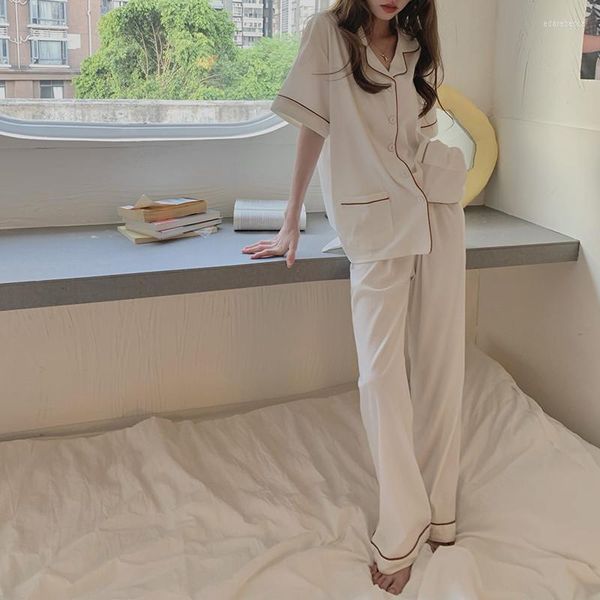 Vêtements de nuit pour femmes dames rayé pyjama ensemble coréen Chic blanc revers col à manches courtes pantalon Homewear pantalon coton solide lâche L333