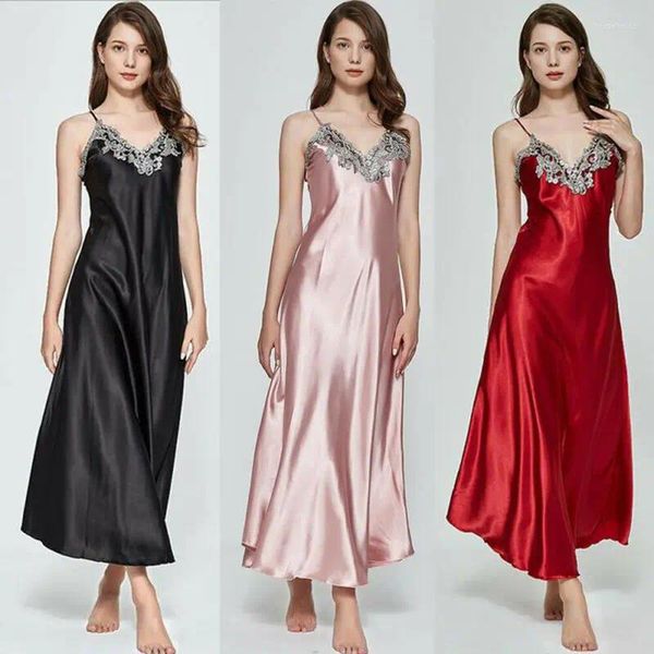 Vêtements de nuit pour femmes Dames Femmes Satin Longues Chemises De Nuit En Soie Dentelle Sexy Feamle Sans Manches V Profond Chemise De Nuit Robe De Nuit US