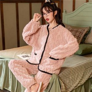 Sleepd Lady Sleep Sleep Sleets Sleets Suisse avec Pocket Sexy Nightgown Home Wear Flannel Shirtpants Lounge 2pcs Nightwear Solid