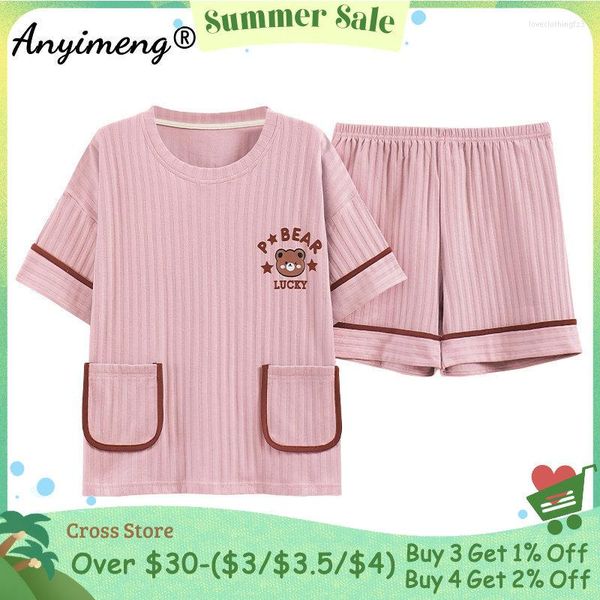 Vêtements de nuit pour femmes Lady Summer Shorts M-5XL Plus Size Cute Bear Leisure Cotton Nightwear Womens Pyjama 2 Pieces Pink Set Pull Homsuit