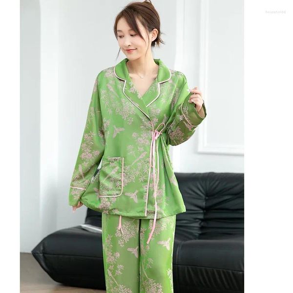 Vêtements de nuit pour femmes, pyjama à revers, ensemble pyjama pour femmes, manches longues, pantalon kimono, printemps, Jacquard, satin, vêtements de maison