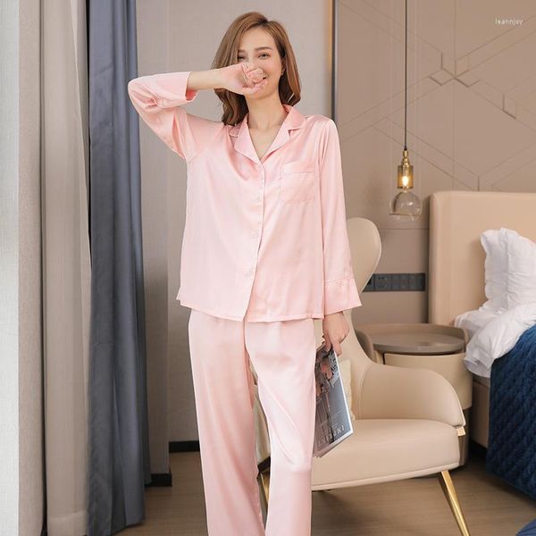 Vêtements de nuit pour femmes Pyjamas en soie à revers Printemps et automne Pantalon à manches longues en mousseline de soie imitation mince peut être porté à l'extérieur des vêtements de la maison