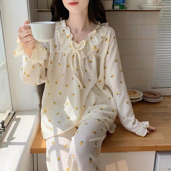 Ropa de dormir para mujer, pijamas de talla grande para Otoño e Invierno, conjunto de algodón estampado para mujer, Top de manga larga con cuello en V, traje de dormir, pijama para mujer