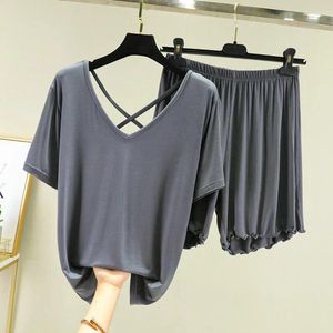 Vêtements de nuit pour femmes grande taille modal licou dame t-shirt shorts maison pyjamas deux pièces ensemble mince été femmes confortable pijamas costume