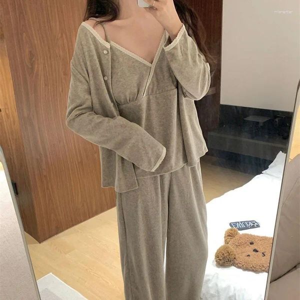 Ropa de dormir para mujer Pijamas de gran tamaño Mujer Otoño e invierno Versión coreana Atractivo sexual Dulce forro polar Calefacción Traje de casa de tres piezas con