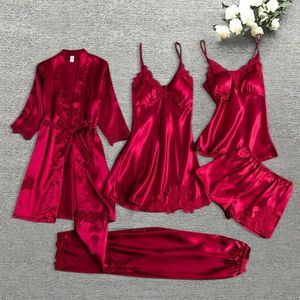 Vêtements de nuit pour femmes Leepwear Femme 5/4 / 2PCS Pyjamas Ensemble Satin Pyjamamas Dentelle Patchwork Bril Vêtements de nuit de mariage Rayonne Home Wear NightyRobe