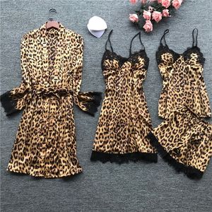 Dames slaapkleding Leopard Print Sexy Women Pyjama Sets Satin Sleepwear Pijama Silk Home Wear Borduurwerk Sleep Lounge Pyjama Nightwear Lingerie 230515