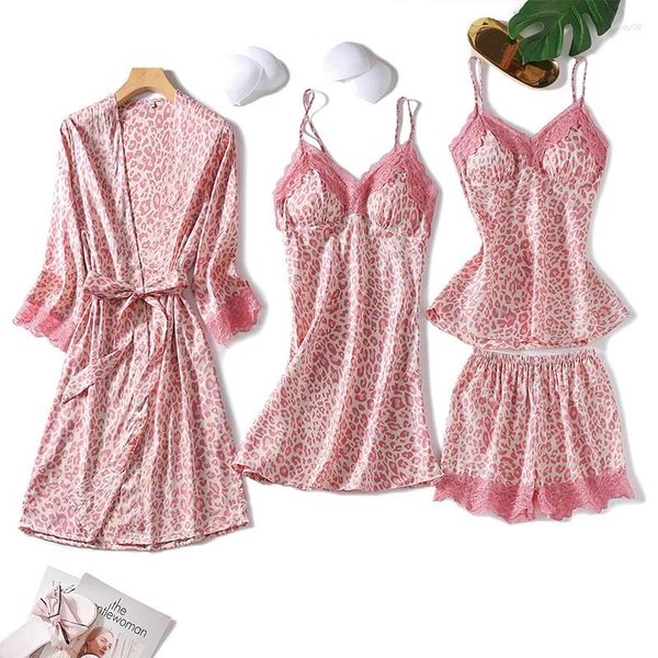 Vêtements de nuit pour femmes léopard femmes 4pcs pyjamas rose sexy vêtements de nuit pijamas pyjamas lingerie kimono buat