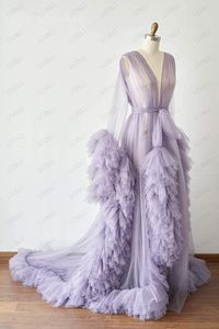 Vêtements de nuit pour femmes Robes de soirée à manches longues violet clair 2023 Col en V Tulle Volants Africain Femmes enceintes Robe de maternité Robe de soirée formelle